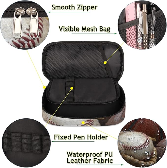 Pardick Old Baseball Big Capacity Pencil Pen Case Gloves Large Pencil Pouch with Zipper Compartments Pencil Bag for Boys Girls Adults Student Office School Supplies