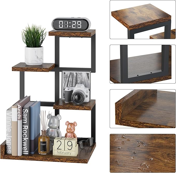YMYNY Desktop Shelf Organizer, 4 Tier Storage Display Rack, Desk Shelf Organizer Small Bookshelf with Metal Frame for Office, Books, Plants, 12.2" x 9.45" x 17.52", Rustic Brown Black UHSR007H