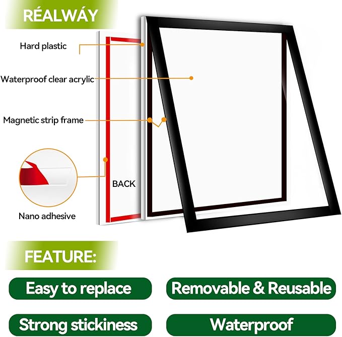8.5" x 11" Acrylic Sign Holder Wall Mount, Acrylic Wall Sign Holder With Tape,Clear Plexiglass Self-adhesive Plastic Display Frame, Door/Window Sign Holder 12 pack No Drilling
