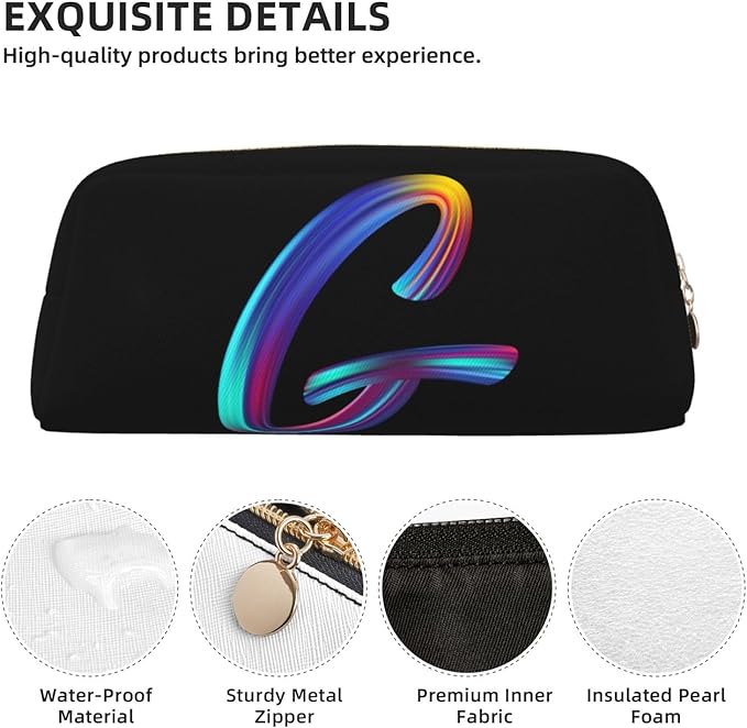 Cute Initial Pencil Case for Kids Simple Leather Pencil Pouch for Boys Girls Letter Design Pencil Box Pen Bag Pencil Pouch Office Stationery Organizer, Rainbow Letter G