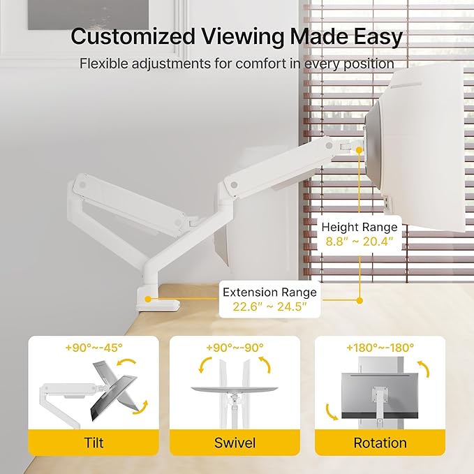 monTEK Single Monitor Arm with USB for Max 45 Inch Ultrawide Screens Adjustable Monitor Desk Mount Holds 35 Lbs Cable Management with C Clamp/Grommet Desk Mount, VESA 75/100mm, MA1007UCWH