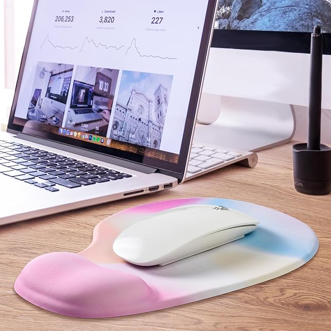 JIKIOU Mouse Pad, 2 Pack Ergonomic Mouse Pads with Comfortable Gel Wrist Rest Support and Smooth Cloth, Non-Slip PU Base for Easy Typing Pain Relief Durable and Easy to Clean Small Rainbow