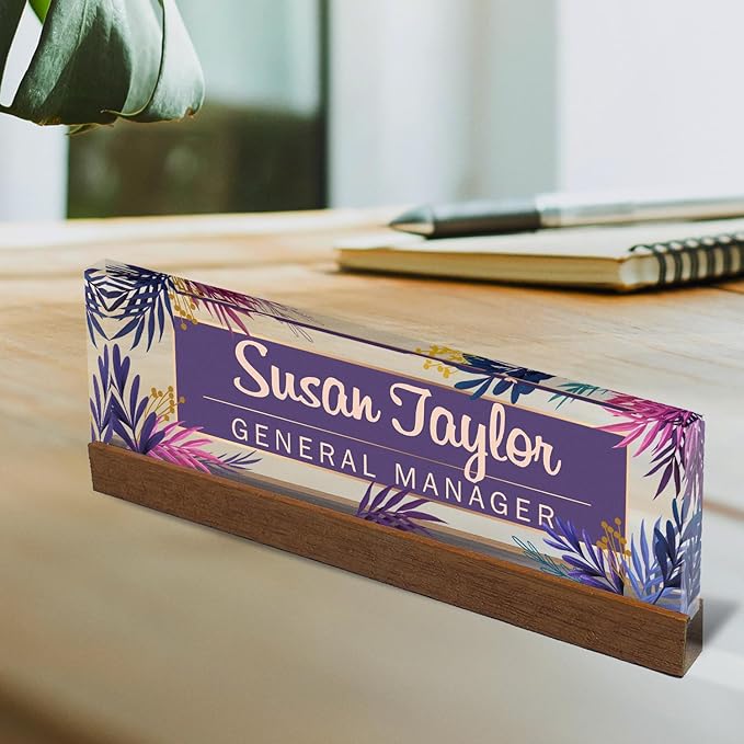 Artblox Personalized Office Desk Name Plate and Business Card Holder | Clear Acrylic Glass with Teak Wood Stand | Purple Leaf Design Customized with Your Name and Credentials Office Desk Decor