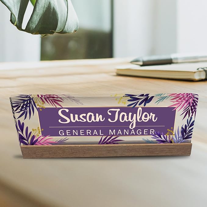 Artblox Personalized Office Desk Name Plate and Business Card Holder | Clear Acrylic Glass with Teak Wood Stand | Purple Leaf Design Customized with Your Name and Credentials Office Desk Decor