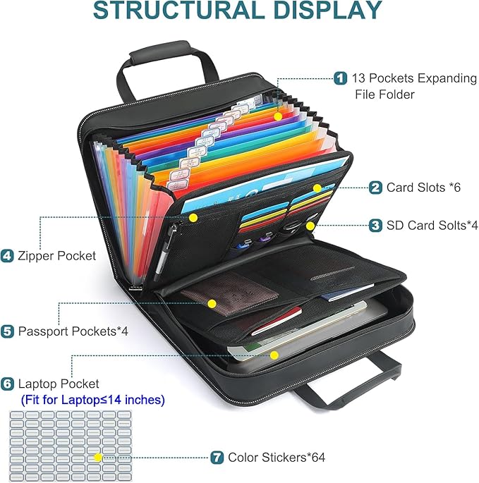 SEEKIND PU Leather Accordion File Organizer with Handle & Strap，12 Pockets Expanding File Folder with Zipper & Labels，Portable Document Organizer File for Letter A4 Files