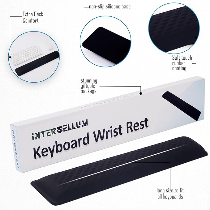 Keyboard Wrist Rest Black, Extra-Wide Ergonomic Memory Foam Wrist Rest Arm Cushion, Soft Non-Slip Wrist Support Pad for Computer, Laptop & Desk | Pain Relief & Typing Comfort for Office & Gaming