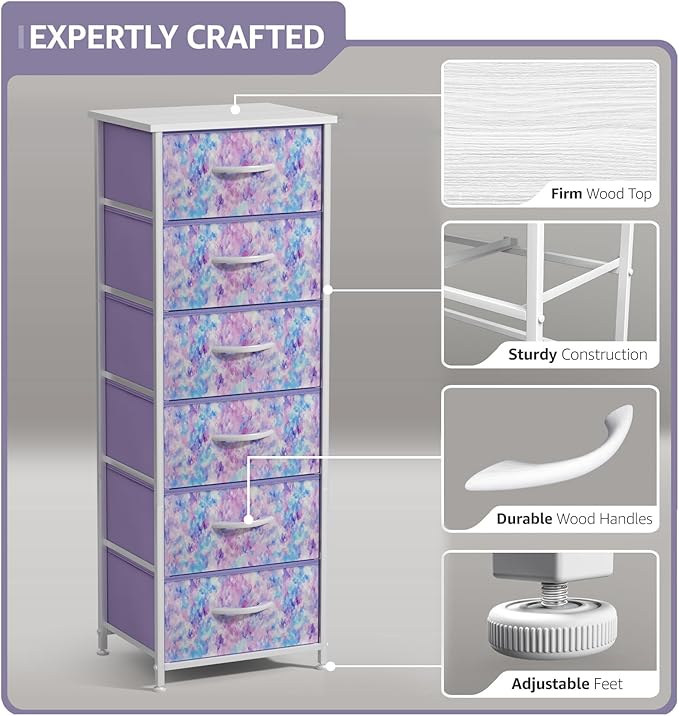 Sorbus Fabric Dresser for Kids Bedroom - Chest of 6 Drawers, Tall Storage Tower, Clothing Organizer, for Closet, for Playroom, for Nursery, Steel Frame, Fabric Bins - Wood Handle (Tie Dye Purple)