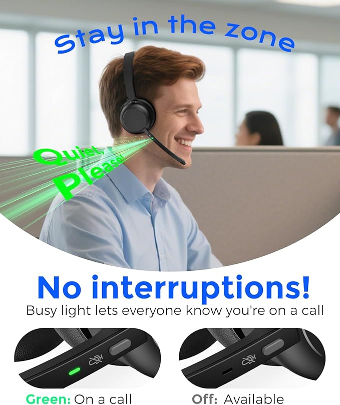 Bluetooth Headset, Wireless Headset with Mic for Work, Qualcomm Chipeset Dongle, V5.4 Headsets with Microphone for Work, Wireless Noise Cancelling Headphones Busy/Mute Light for PC Computer Office WFH