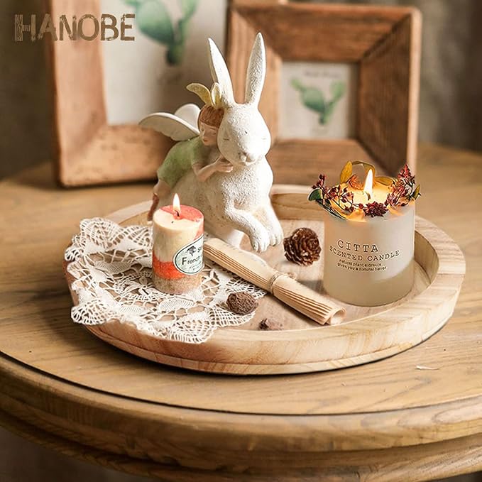 Hanobe Round Wood Decorative Tray: Unfinished Wooden Craft Trays DIY Ottoman Serving Tray Centerpiece Candle Holder Trays for Kitchen Countertop Crafts Art Home Decor Montessori Activity