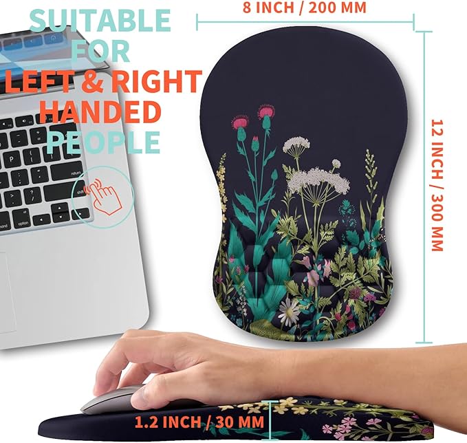 Ergonomic Mouse Pad Wrist Support with Memory Foam Massage Bulge, Carpal Tunnel Pain Relief Mousepad Wrist Rest for Mouse(12x8 inch, Midnight Floral)