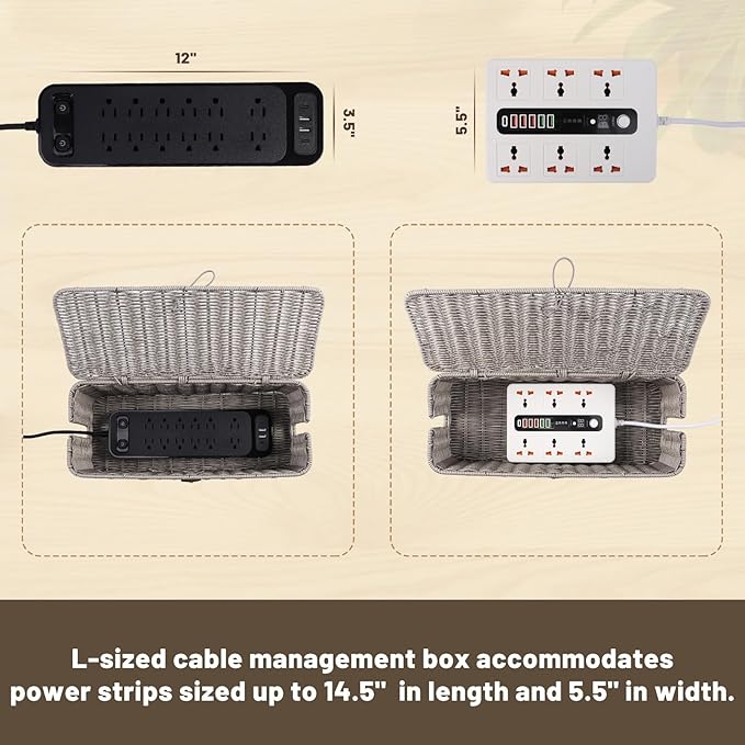 BROWNLILY Cable Management Box, Rattan Style Cord Organizer for Desk Cord Hider Outlet Covers Baby Proofing for Power Strip TV PC Router Charger Under Desk Storage with Lockable Lid and Cable Ties
