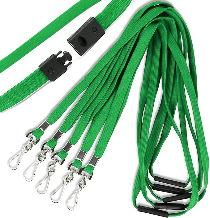 Safety Breakaway Lanyard With J-Hook for ID Badges, Cruise, Business Card, NameTag - Premium Flat Lanyards for Women/Men, Employees, Students (Green, Breakaway 50 Pack)