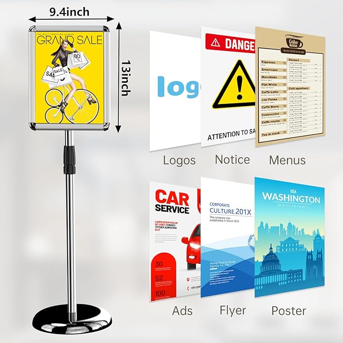 Sign Holder Poster Stand - 8.5 x 11 Inch Vertical & Horizontal Sign Stand Displayed Poster Holder - Round Corner sign holder for Display, Advertisement & Outdoor sign holder, Silver (1 Pack)