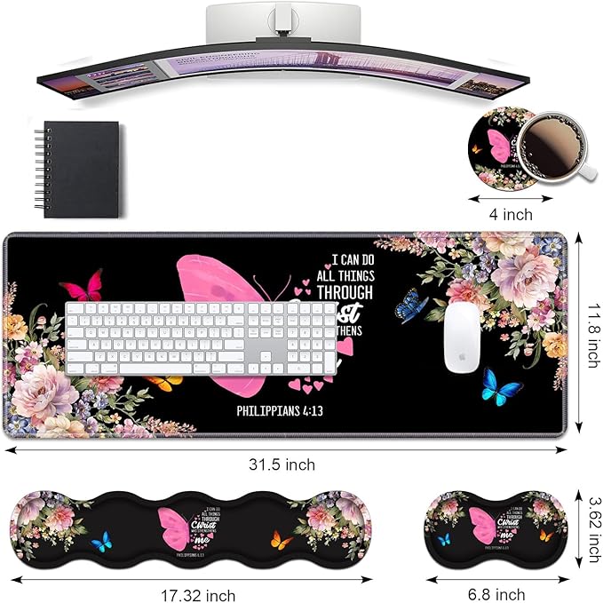 Ergonomic Keyboard Wrist Rest & Mouse Pad Wrist Rest Set, Butterfly Quote Bible Verse Philippians 4-13 Large XXL Gaming Desk Mat 31.5"x 11.8" with Non-Slip Base, Memory Foam for Home Office Study Game