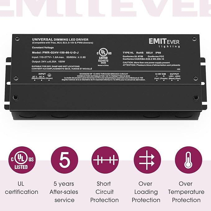 EMITEVER Dimmable Led Driver, 2 Packs 150W AC 110V-277V to DC 24V Transformer, 5-in-1 Dimming: ELV/MLV/TRIAC / 0-10V / 1-10V / 10V PWM/Potentiometer, Waterproof IP67 and UL Listed
