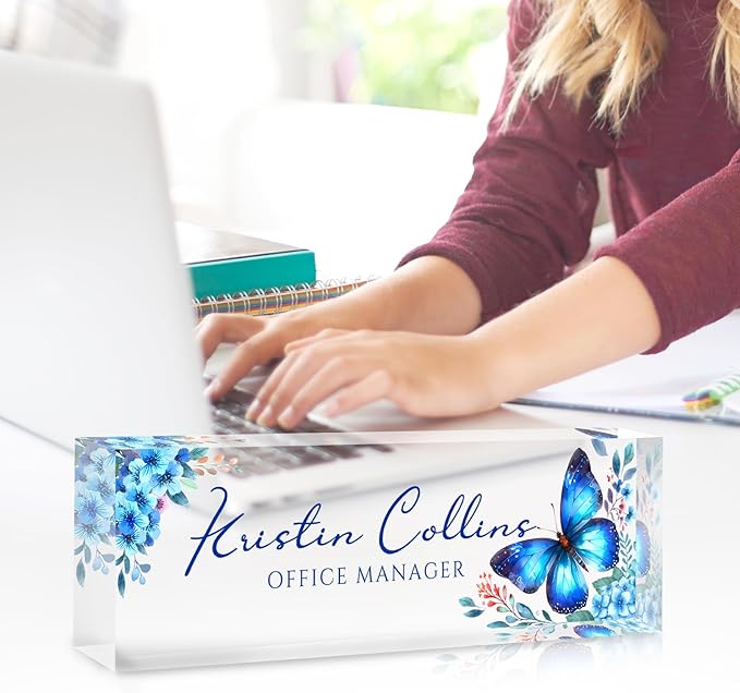 Custom Name Plate for Desk, Personalized Desk Name Plate on Clear Acrylic Glass, Appreciation Gifts for Teacher Employee Boss Coworkers Nurse, Office Desk Accessories for Women Men (Azure)