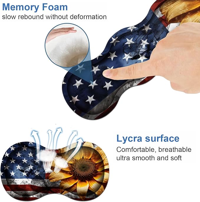 Ergonomic Keyboard Wrist Rest & Mouse Pad Wrist Rest Set, Large XXL Gaming Desk Mat 31.5"x 11.8" with Memory Foam, Easy Typing Pain Relief for Office & Home, American Flag Sunflower