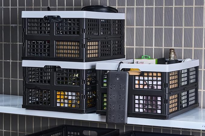 3-Pack Plastic Collapsible Storage Crates-30L,Foldable Plastic Crates for Storage (Black+Gray)