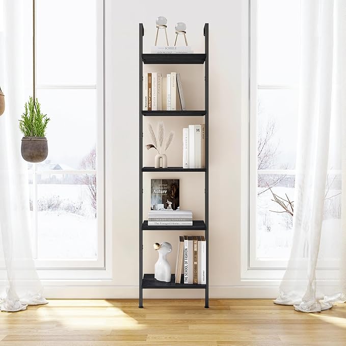 ELYKEN Ladder Shelf, 5-Tier Wood Wall Mounted Bookshelf with Metal Frame, Vintage Open Display Organizer Rack, Leaning Storage Shelves for Living Room, Bedroom, Home Office, Black