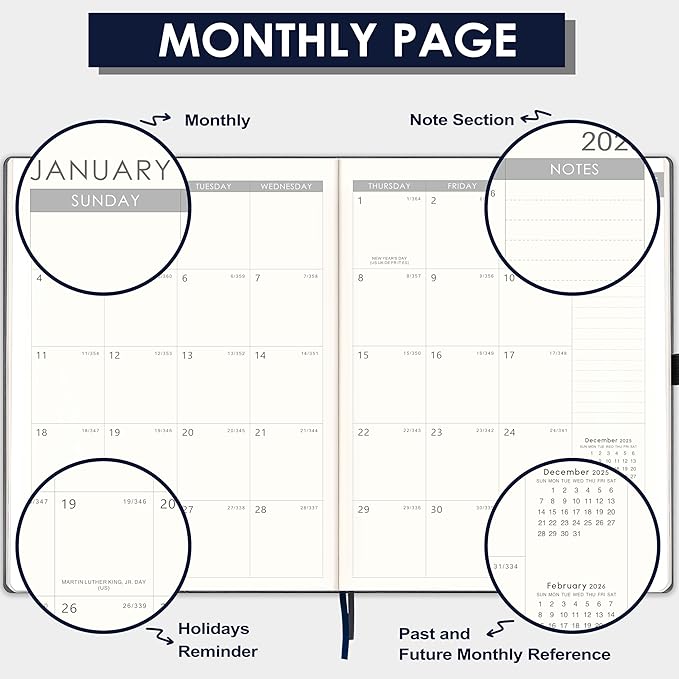 2026 Planner - 2026 Planner Weekly and Monthly, Jan. 2026 - Dec. 2026, 8.5" x 11", Leather Cover Planners with Thick Paper, Back Pocket with Notes Pages - Grey