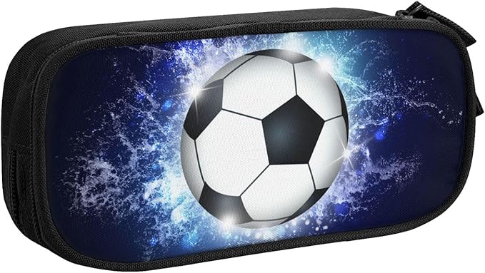Boys Soccer Pencil Box Black Blue Pencil Case for Kids Teens, Big Capacity Canvas Storage Pouch Marker Pen Bag Stationery Organization Bag, Portable Sports Travel Storage Box Desk Office Organizer