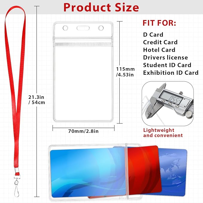 Harloon 300 Pack Clear ID Badge Holder with Lanyard 2.75 x 4.53 Inch Bulk Waterproof Vertical Card Holders with Flat Neck Lanyards and Swivel Hooks for Cruise, School, Office Supplies(Red)