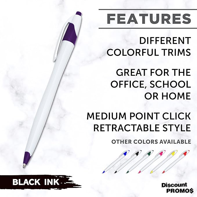 DISCOUNT PROMOS Slim Curvy Ballpoint Pens Set of 10, Bulk Pack - Black Ink, Retractable, Great for Office, School, Tradeshows - Purple