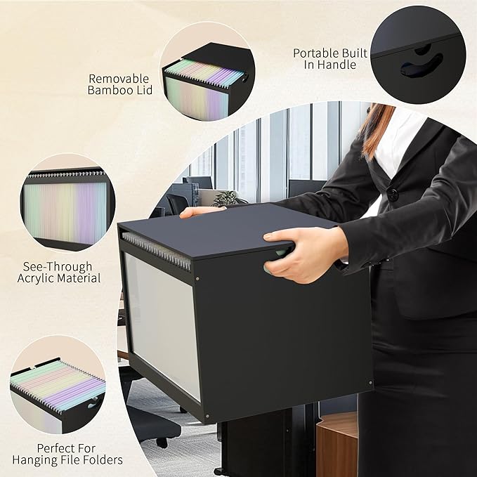 Black Bamboo & Acrylic File Box with Removable Lid, Letter/Legal Size, Hanging Folders, Dustproof, Home Office Storage