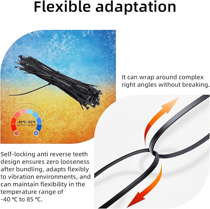 600 Pcs 8 Inch Cable Zip Tie, ORWUDIZ Multifunctional Tie, Nylon 66 Material, Tensile Strength 50 Lbs, Black, Cable Binding Classification, Suitable for Industrial, Outdoor, Home, Office Use