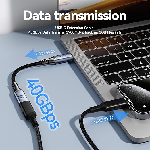 Long 10FT usb c to usb c Extension Cable Compatible with Thunderbolt 4, high Speed 40gbps Data Transfer,USB4 type c Male to Female Extension Cable,240W Fast Charging,8K@60Hz 4K@120Hz Video Display.