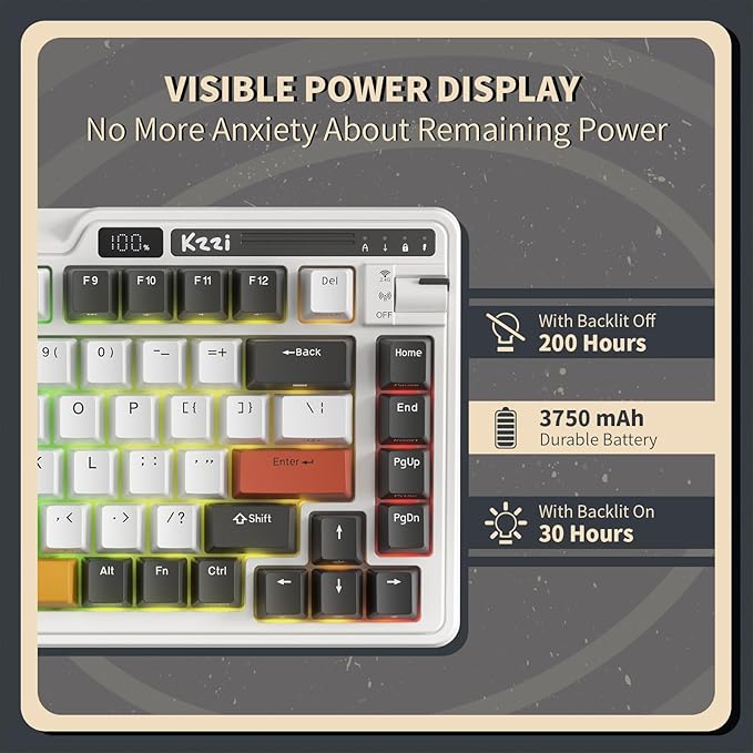 KZZI K75 PRO RGB 75% Wireless Gasket Mechanical Keyboard, Triple Mode BT 5.0/2.4G/USB-C 82 Keys Hot Swappable Gaming Keyboard w/Knob & Power Display, Custom Linear Switches, Black White