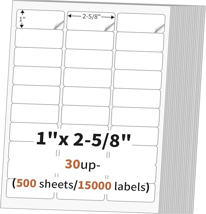 1" x 2 5/8" (500 Sheets) Address Labels, Labels Sticker Paper for Laser/Ink Jet Printer, Printable and Writable White Sticker Labels- Matte, 30 per Page Labels (Total 15000 Labels)
