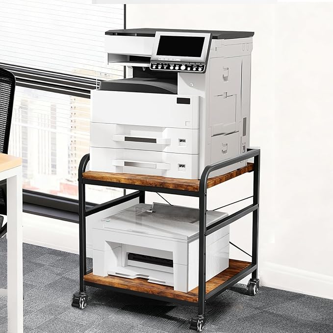 TFK 2 Tier Large Printer Stand with Storage, 20 x 20 Inches Under Desk Printer Table with Adjustable Shelf, Rolling Printers Cart with Wheels for Home Office, Fits Fax /3D Printer/Scanner, Brown