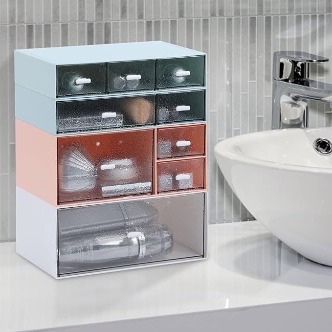 Desk Craft Organizer and Storage with 4 Mixed Drawers, Stackable Plastic Desktop Accessories & Workspace Organizer for Office Stationary, Makeup Skincare, Sanitation Supplies, White