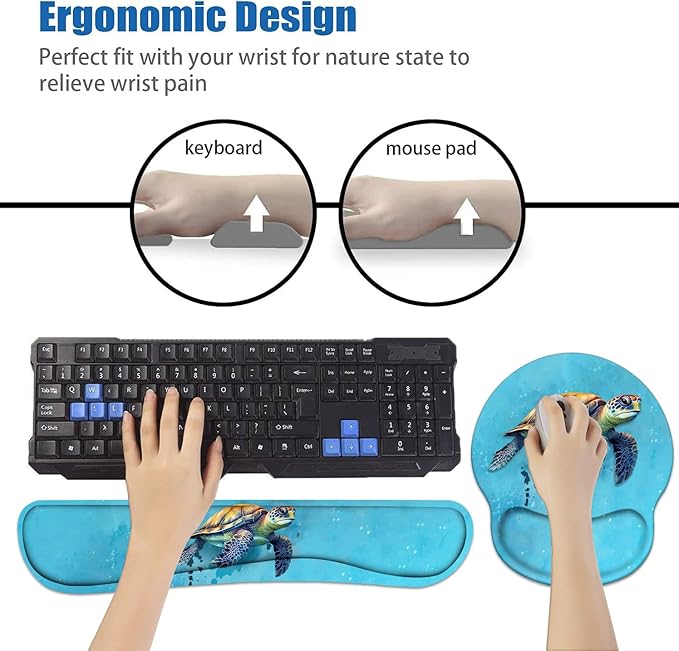 Keyboard Wrist Rest and Mouse Pad Wrist Support Set with Coasters, Non-Slip PU Base Ergonomic Gaming Mousepad for Home Office Working Studying Easy Typing & Pain Relief - Sea Turtle