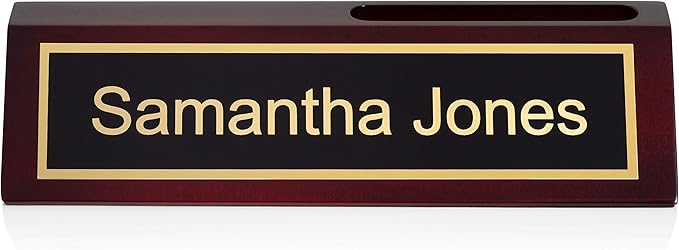 Providence Engraving Personalized Wood Desk Name Plate for Office, Custom Laser Engraving with Business Card Holder, Piano Finish Desk Wedge in Rosewood, 2x8