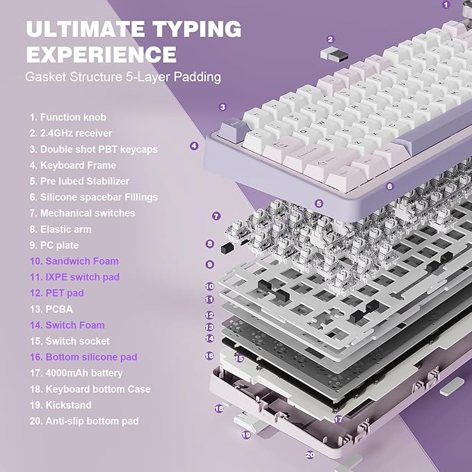 YUNZII B75 PRO Wireless Mechanical Keyboard,75% Layout with Knob,Hot Swap Gasket Custom Structure,Creamy Pre-lubed Switches,RGB Backlit,Bluetooth/Type-C/2.4G for Win/Mac(Milk Switch,Purple)