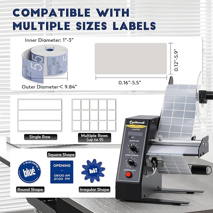 CGOLDENWALL Upgraded Automatic Label Dispenser, Up to 9 Multi-Row Counting, High Precision Auto Sensing, Speed Adjustable, Length 0.12-5.9" Width 0.16-5.5", Sticker Dispenser for Rolls Various Labels