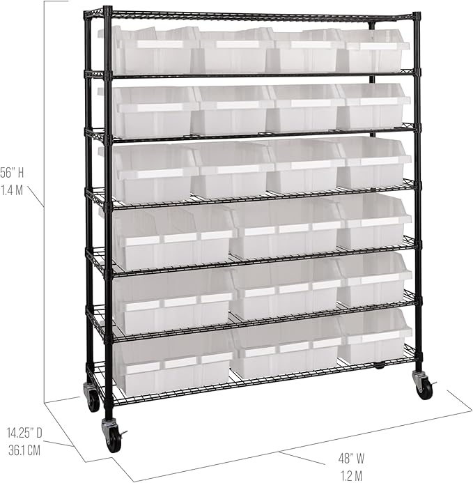 Seville Classics Heavy Duty NSF Bin Rack Solid Steel Wire Shelving Storage Unit, Patented Organizer for Garage, Warehouse, Office, Restaurant, Classroom, Kitchen, Translucent, Includes 21 Bins