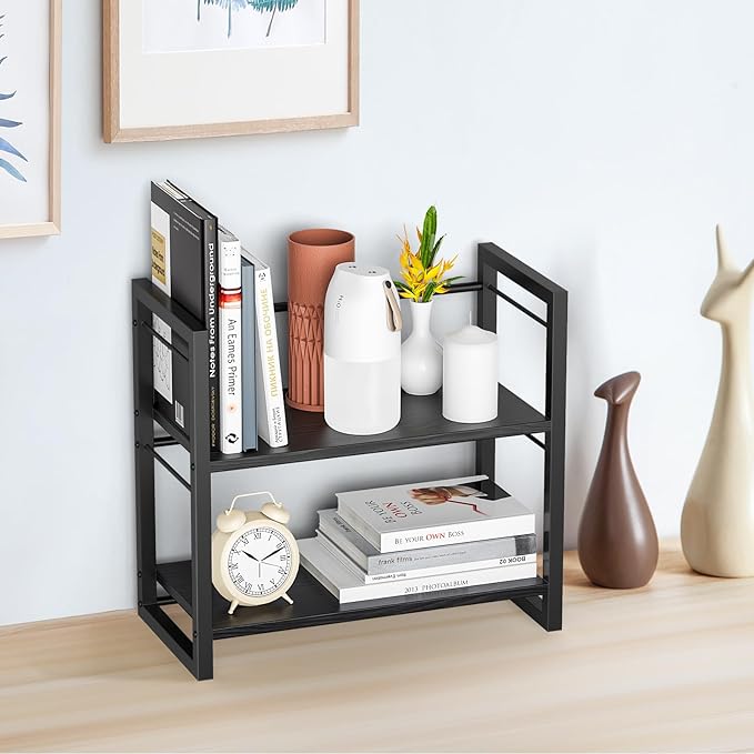 Office Desk Shelf Organizer, Wood Desktop Bookshelf Supplies Storage Rack, Shelf for Top of Desk and Dresser (Pure Black-2 Tier)
