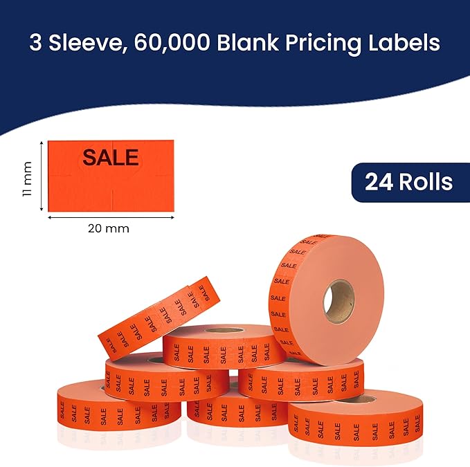 Perco Sale Fluorescent Red Pricing Labels for Monarch 1131 Price Gun – 3 Sleeves, 24 Rolls Value Pack - 60,000 Price Marking Labels – with Ink Rolls Included