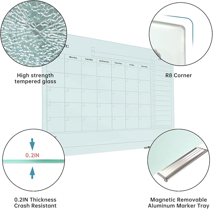 Magnetic Glass Whiteboard - 48"x36" Frameless Dry Erase Board with Monthly Calendar for Office, School, and Home