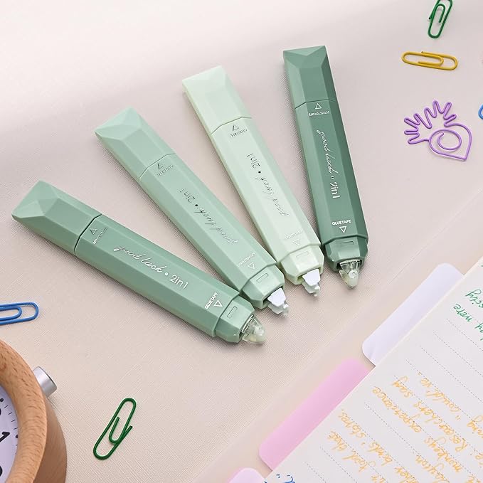 Temiary 4 Pcs 2 in 1 White Correction Tape and Double Sided Roller Set, Aesthetic Smooth Pull Out Tapes with Adhesive Glue Tape Roller Runner for School Office Supplies (Green)
