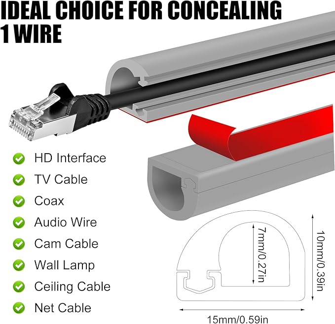 Self-Adhesive Cable Hider, Flexible Wire Cover Cable Raceway for Wires, Wall Mount TV, Home Audio, Network, Power, and Phone Line Managemen (Gray, 157inch)
