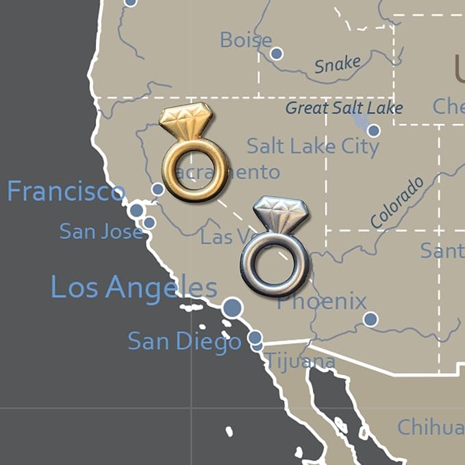 Engagement Ring Push Pins - Silver Diamond Ring Map Pins for Cork Boards, Maps, or Lapel Use - Designed in USA - Set of 10