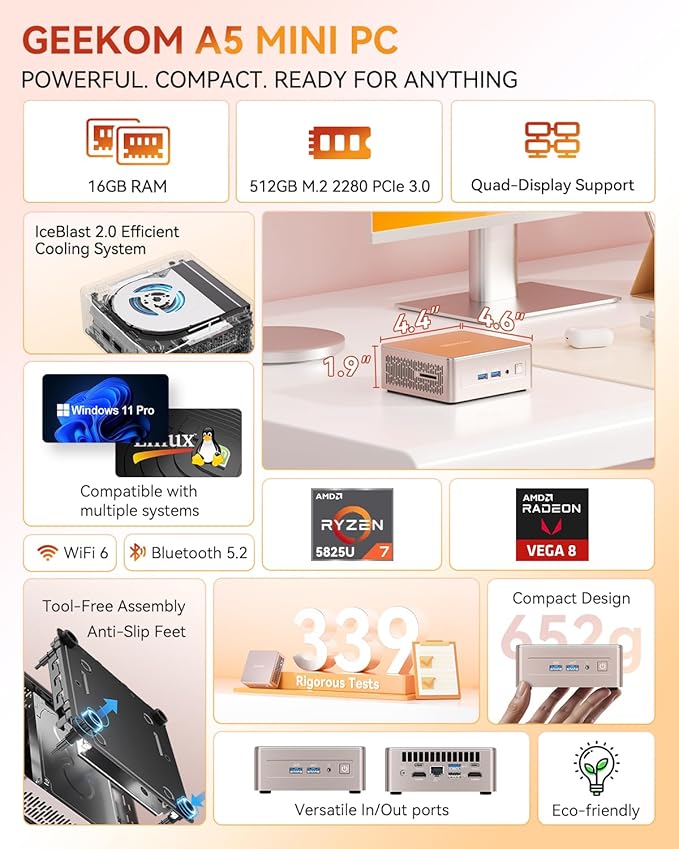 GEEKOM A5 Mini PC with AMD Ryzen 7 5825U, 3-Year Coverage, 16GB RAM(Upgradable, Not LPDDR)&512GB M.2 NVMe SSD, Windows 11 Pro Desktop Computer,SD Slot, 8K, Dual HDMI | Wi-Fi 6, BT 5.2 | Home & Office