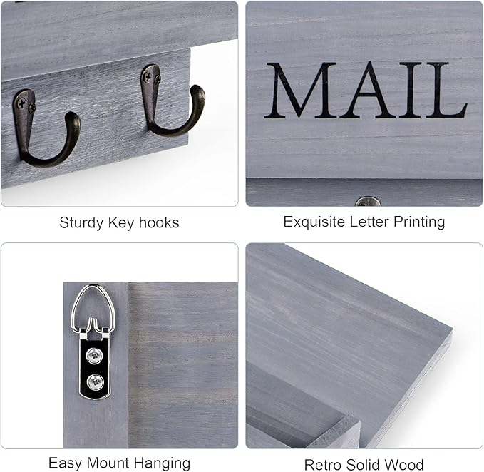 DLQuarts Mail Organizer with Key Holder for Wall Decorative Mail Sorter Wall Mounted, Wooden Mail Holder with 3 Hooks, Gray