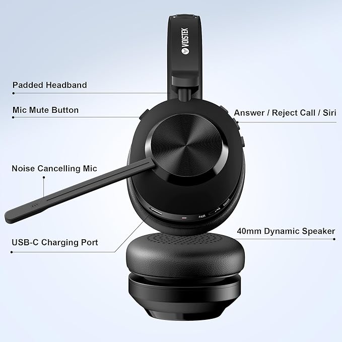 Voistek Bluetooth Headset with Microphone, Wireless Headset with Noise Cancelling Mic, USB A/C Dongle, Mic Mute Button, 45+ Hours Battery for Work, Office, Calls, Windows, MacOS, Android, iOS