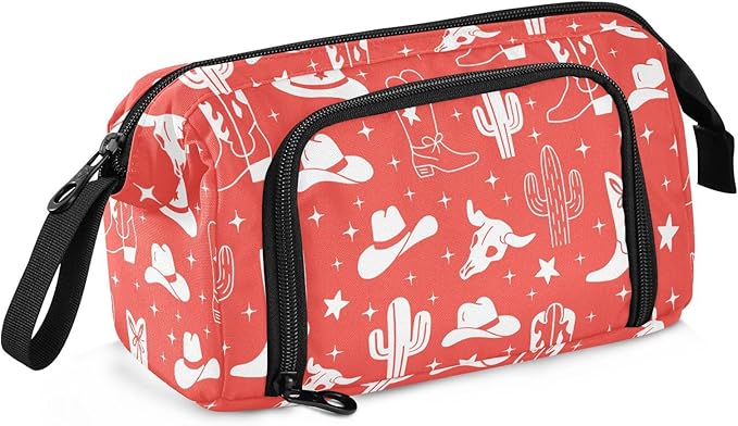 Western Cowboy Red Pencil Case Pouch Big Capacity Pencil Bag Box Organizer Pen Case with Compartmens Stationery Organizer for Girls Boys Women Kids Adults School