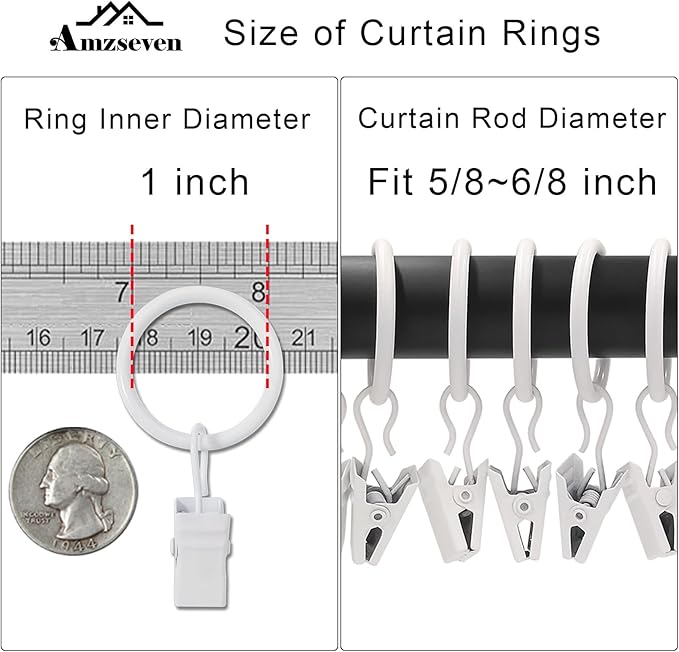 AMZSEVEN 100 Pack Metal Curtain Rings with Clips, Drapery Clips with Rings, Drapes Rings 1 inch Inner Diameter, Fits Diameter 5/8 inch Curtain Rods, White